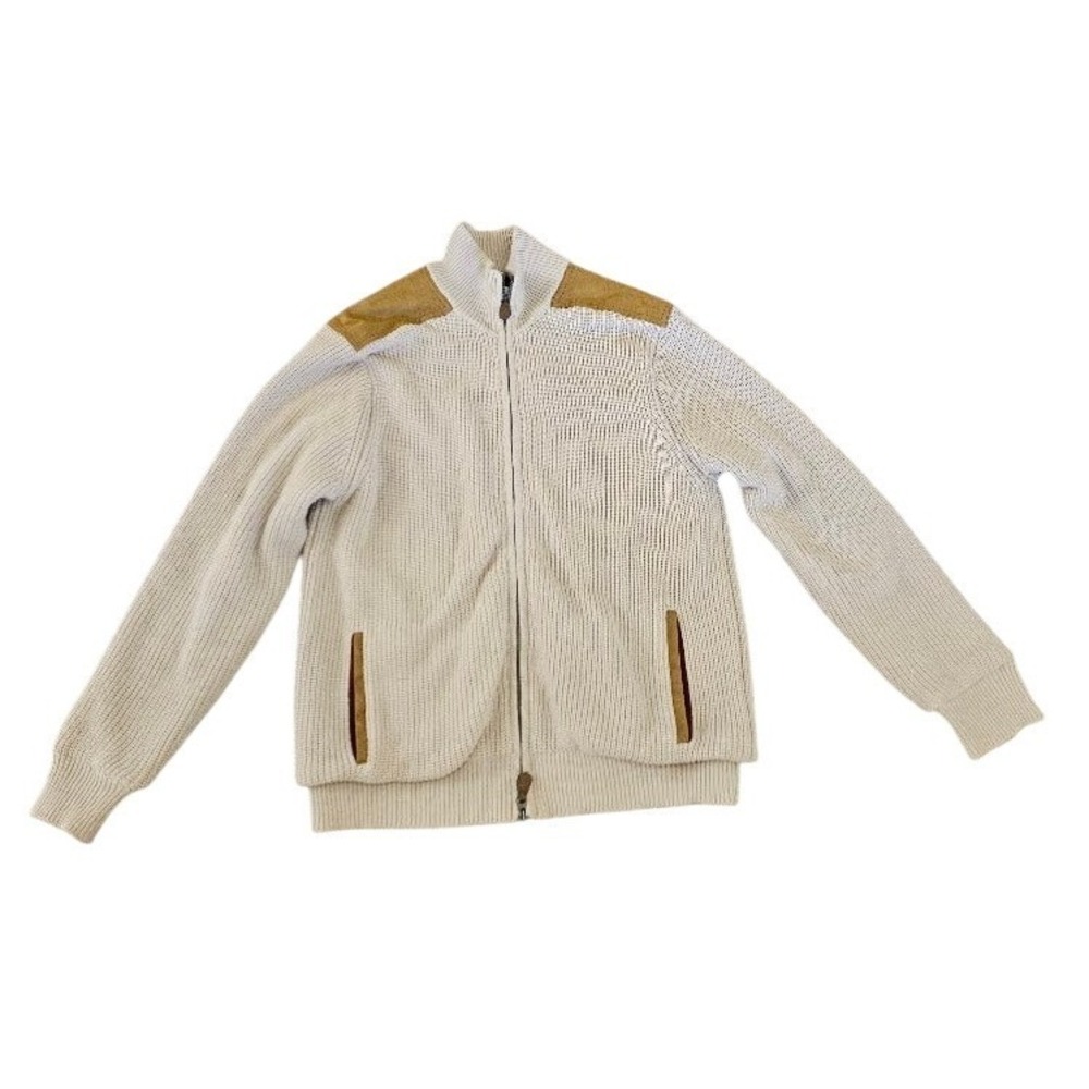 Orvis Cardigan Sweater Men Medium Beige Heavy Cotton Shoulder Patches Fisherman
